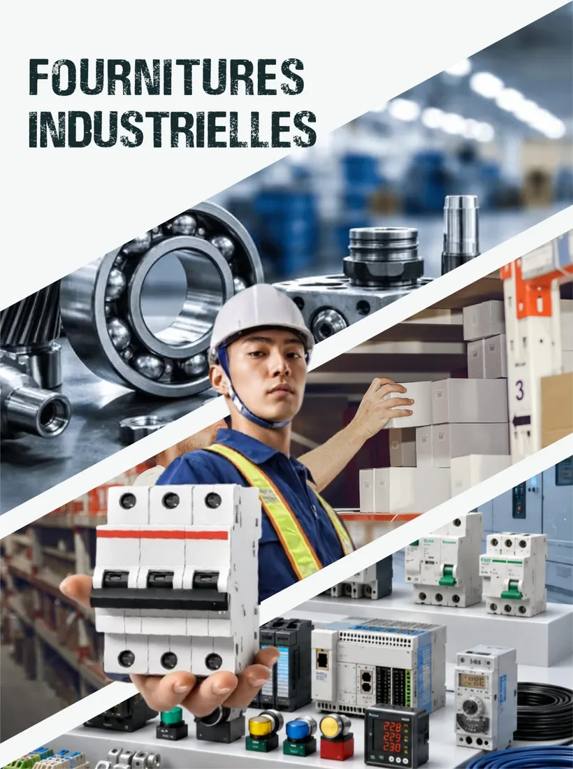 Affiche Fournitures industrielles : roulements, pièces mécaniques, disjoncteurs, automates et matériel électrique.