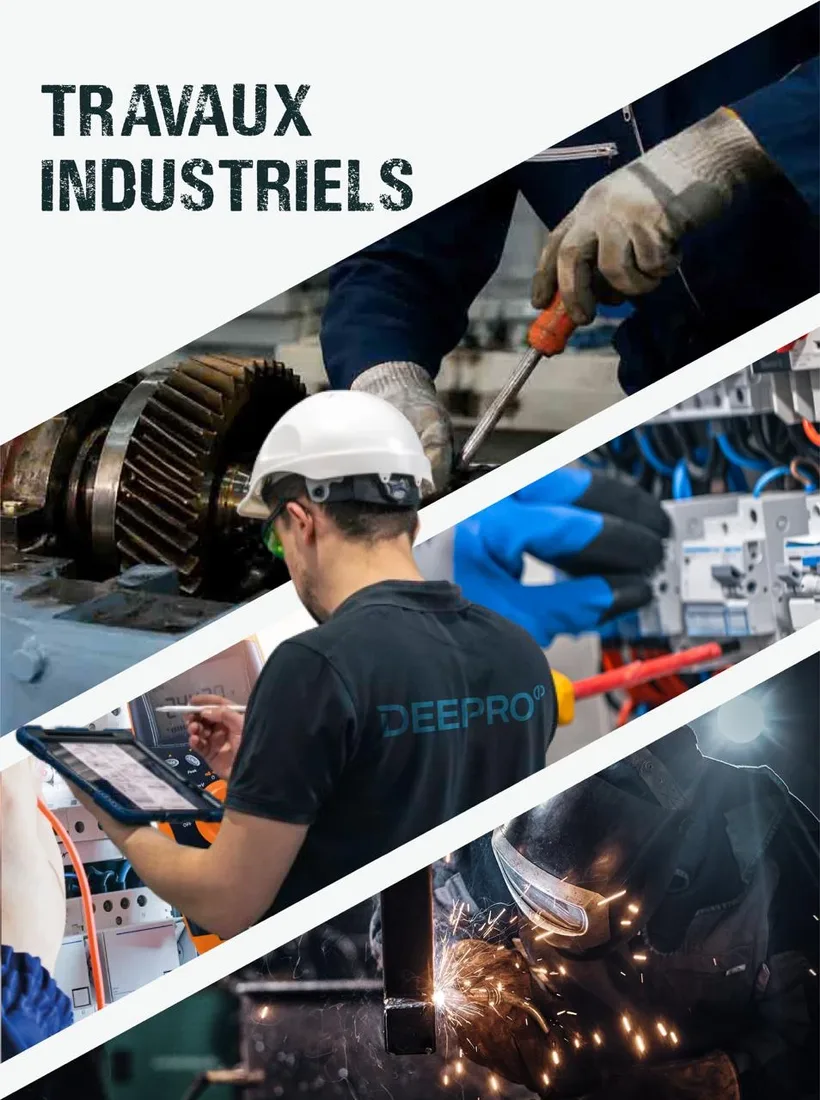 Affiche Travaux industriels : mécanique, électricité, contrôle sur tablette par un technicien DEEPRO, et soudure.